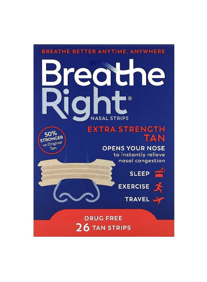 Breathe Right, Nasal Strips, Extra Strength, Tan, 26 Strips (Packaging may vary) - Image 1