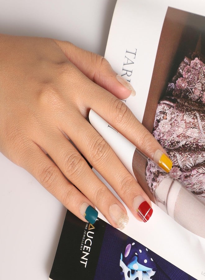 ليك أظافر لاصقة - 30 قطعة، أظافر فرنسية بيضاوية الشكل مصبوغة بربطات العنق، أظافر صناعية/مزيفة/قبيحة، متعددة الألوان (عبوة من 30 قطعة) - Image 2