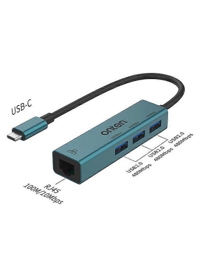 onten Type-C to RJ45 + 3xUSB2.0 Ethernet Adapter USB Hub 4 in 1 Docking Station - Image 4