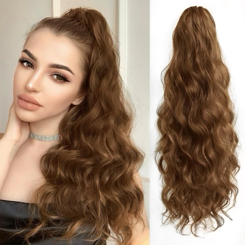StrRid Copper Brown Claw Ponytail Extension Wavy 22 Synthetic Curly Fake Clip in Extensions Wig Hair Pieces Fluffy Not Easily Knotted Clips on Ponytails for Women Wedding Party Daily Use 6 Oz