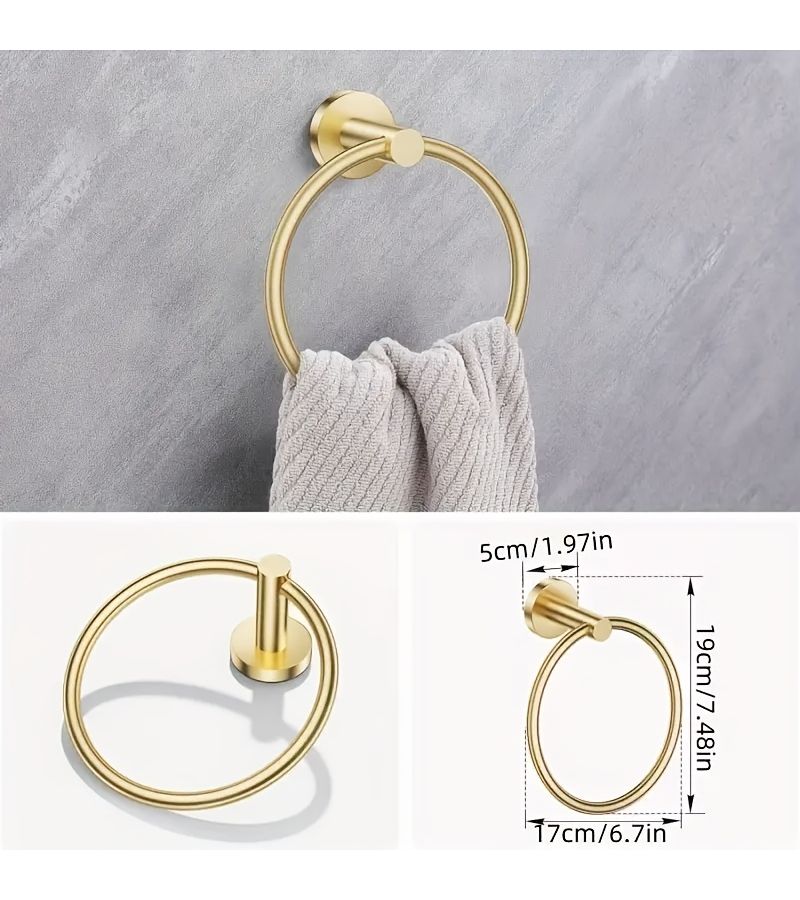 Bathroom Hardware Set 4 Piece Towel Rack With Toilet Paper Holder Towel Ring And 2 Towel Hooks Stainless Steel Wall Mounted Golden Sanitary Ware - Image 2