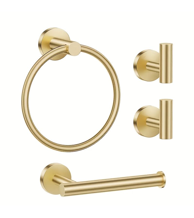 Bathroom Hardware Set 4 Piece Towel Rack With Toilet Paper Holder Towel Ring And 2 Towel Hooks Stainless Steel Wall Mounted Golden Sanitary Ware - Image 1