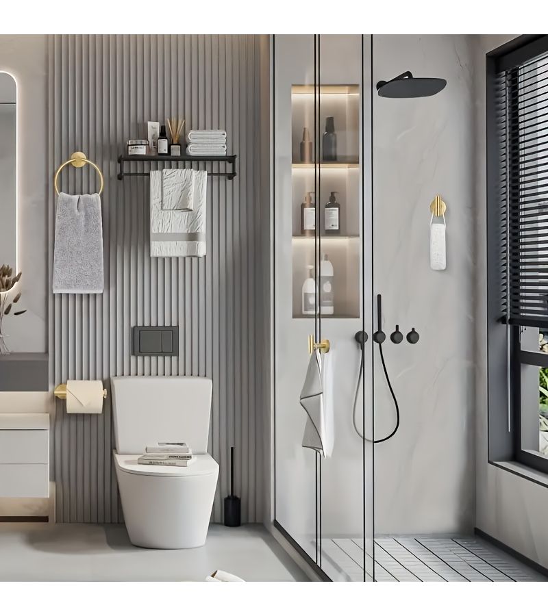 Bathroom Hardware Set 4 Piece Towel Rack With Toilet Paper Holder Towel Ring And 2 Towel Hooks Stainless Steel Wall Mounted Golden Sanitary Ware - Image 4