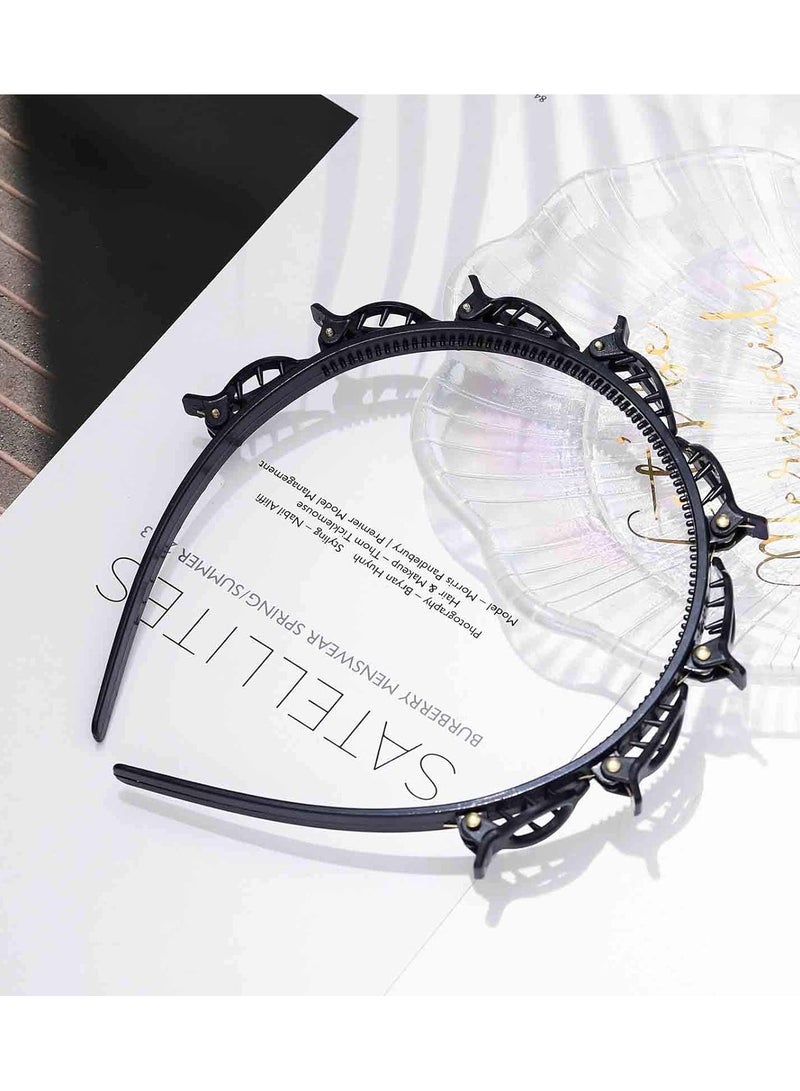 STAR BEJA Double Layer Twist Plait Plastic Black Headbands with Clips Pack of 2 Black - Image 4