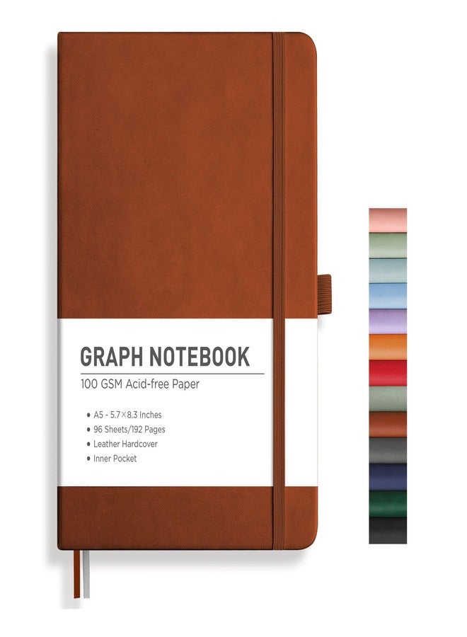 RETTACY Graph Grid Paper Notebook, 192 Pages, A5 Medium Size (5.7'' x 8.3''), 5 Squares per Inch, Leather Hardcover, 100 GSM Thick Paper, for School, Students, Math, Engineering (Brown) - Image 1