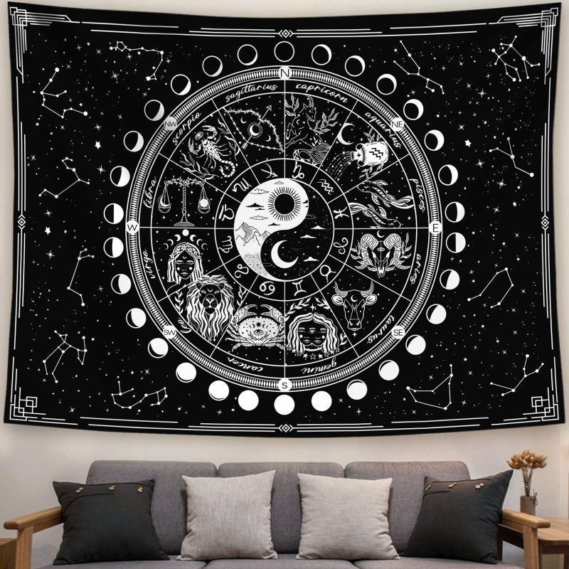 Kanuyee Twelve Constellation TapestryBlack and White Sun and Moon Yin and Yang Tapestry Mystic Wall Hanging Tapestry for Home Decor 60x80