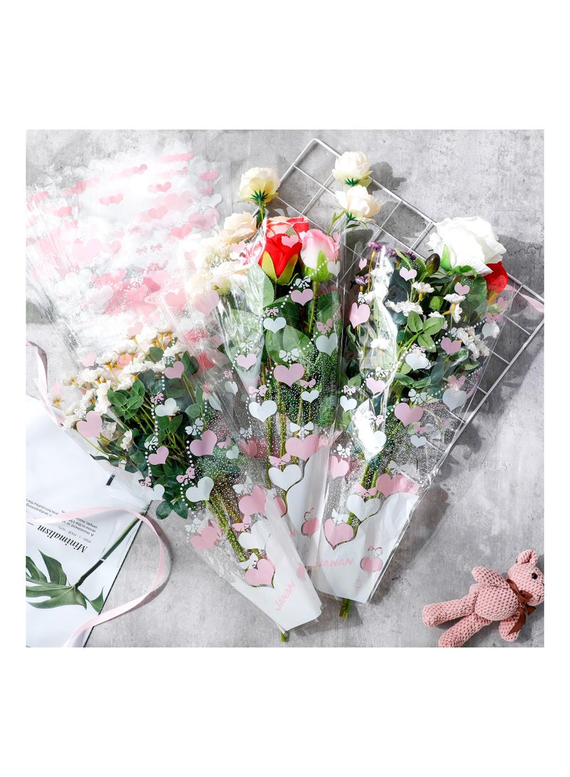 SYOSI 100 Pcs Flower Bags for Loving Heart Bouquets Plastic Bouquet Bags Flower Cellophane Bouquet Sleeve Bag Wrap for Mother's Day Wedding Graduation Bouquet Supplies, 3.5 x 11 x 17.7 inches(Pink) - Image 2