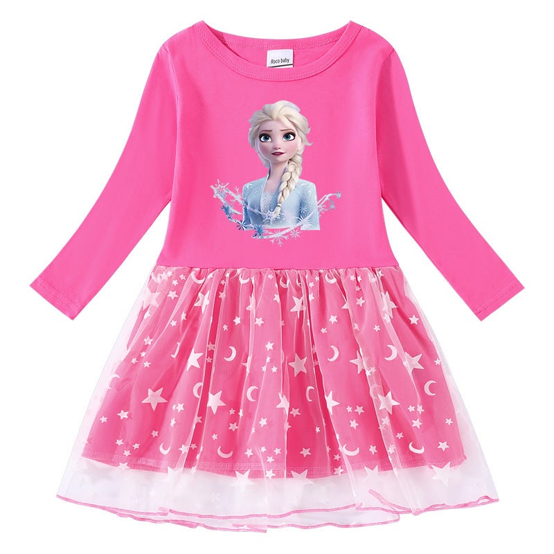 2023 New Girls Dress Cotton Printed Cartoon Star Moon Mesh Long Sleeve Princess Dress - Image 4