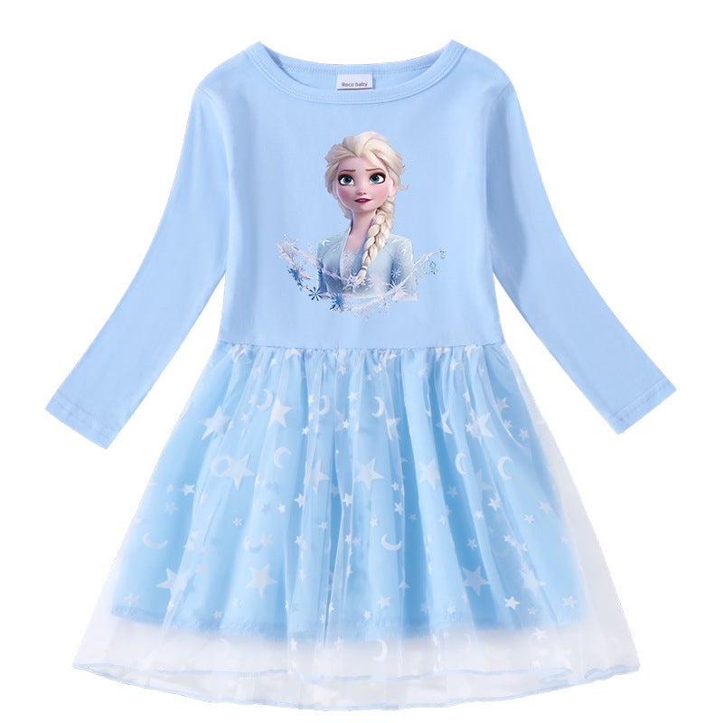 2023 New Girls Dress Cotton Printed Cartoon Star Moon Mesh Long Sleeve Princess Dress - Image 3