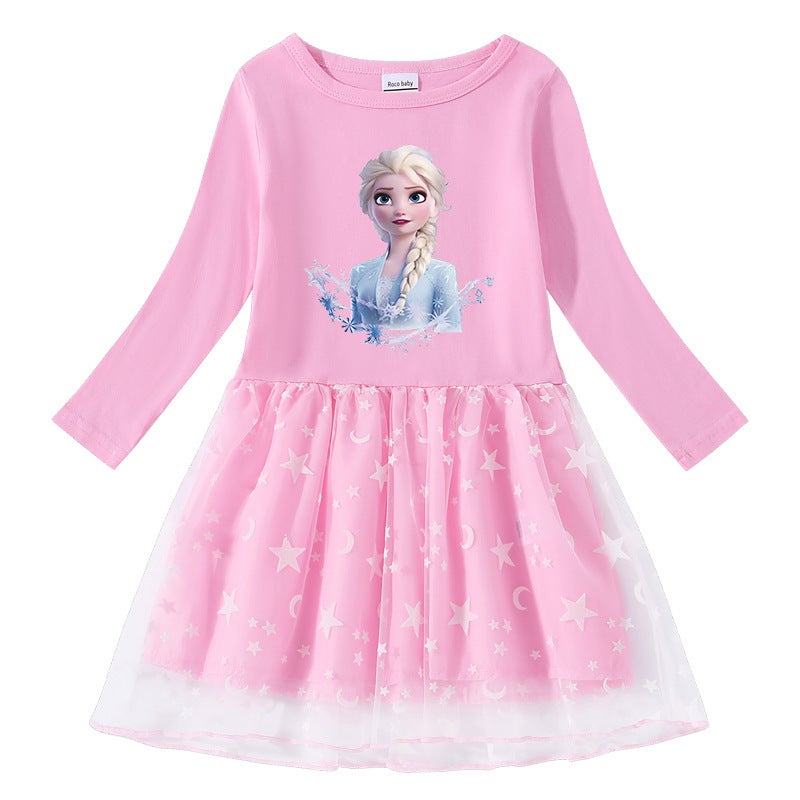 2023 New Girls Dress Cotton Printed Cartoon Star Moon Mesh Long Sleeve Princess Dress - Image 2
