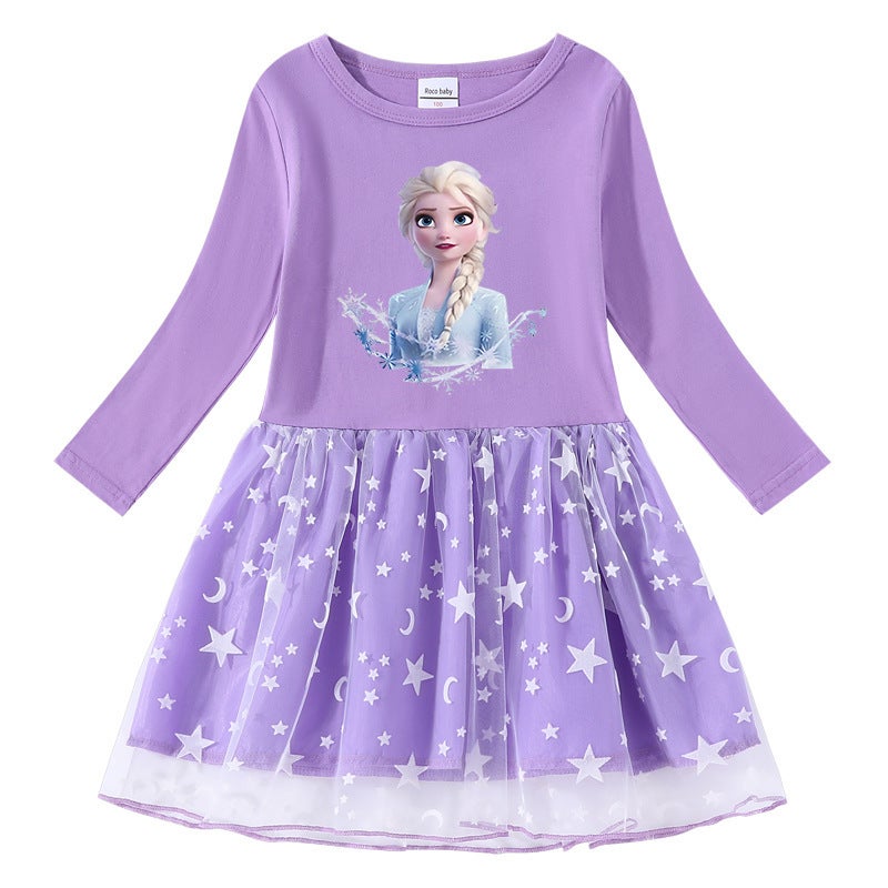 2023 New Girls Dress Cotton Printed Cartoon Star Moon Mesh Long Sleeve Princess Dress - Image 5