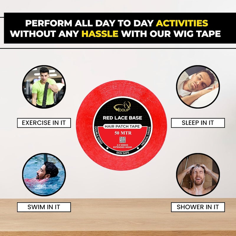 Woolip Hair Patch Tape For Men - Super Ultra Hold Up To 2-3 Weeks | Waterproof Wig Tape For Men | 1 Inch Cotton Material | Double sided RedTape for Hair Patch - 50M - Image 5
