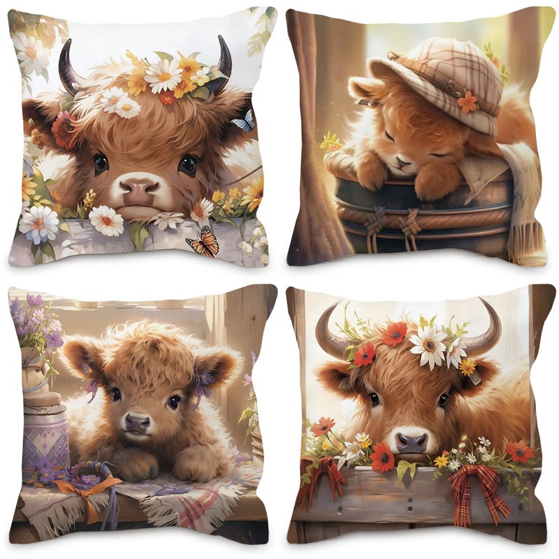 Nvotell Highland Cow Pillow Covers 18x18 - Cute Western Gifts for Girls & Women, Highland Cow Decor for Bed, Farm Throw Pillow Cases, Set of 4 - Image 1