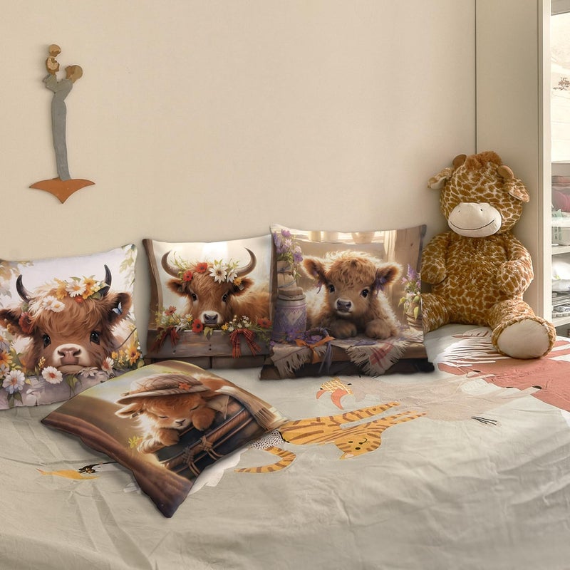 Nvotell Highland Cow Pillow Covers 18x18 - Cute Western Gifts for Girls & Women, Highland Cow Decor for Bed, Farm Throw Pillow Cases, Set of 4 - Image 4