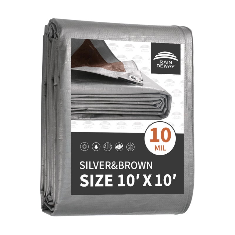 Raindeway Tarps Heavy Duty Waterproof 10X10 Feet 10Mil Thick Multipurpose Poly Tarp Cover With Metal Grommets And Reinforced Edges Silver/Brown Tarp - Image 1
