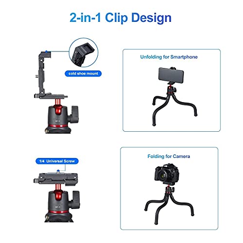 HIFFIN MT-11 Camera Tripod, Mini Flexible Tripod Stand with Hidden Phone Holder w Cold Shoe Mount, 1/4'' Screw for Magic Arm, Universal for iPhone 11 Pro Max XS Max X 8 7 Samsung Can on - Image 2