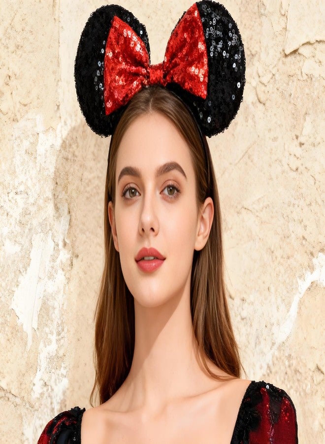 أ مياو طوق رأس أسود مزين بترتر على شكل آذان فأر، مشبك شعر لامع، طوق شعر على شكل فراشة، مناسب للبالغين والنساء، لحفلات أعياد الميلاد، والعطلات، والمنتزهات، ولجلسات التصوير (أسود وأحمر) - Image 2