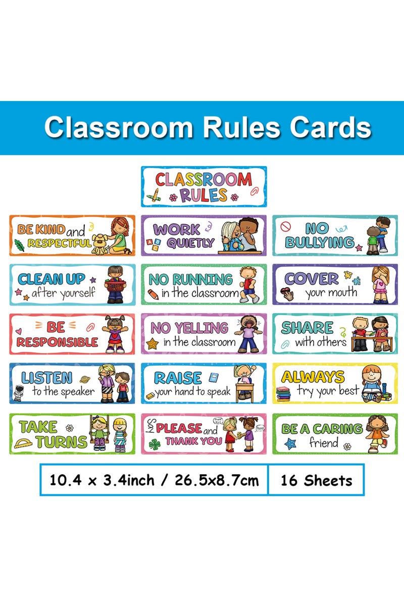 مجموعة بطاقات قواعد الصف الدراسي (16 قطعة) - بطاقات لتعليم اللغة الإنجليزية - مجموعة لوحة إعلانات - ديكور للصف الدراسي
