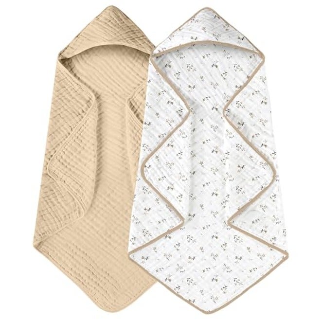 Yoofoss Hooded Baby Bath Towels 2 Pack - 100% Muslin Organic Cotton, Soft & Absorbent for Newborn, Babies, Toddlers, 32x32 Inch, Beige & Coffee