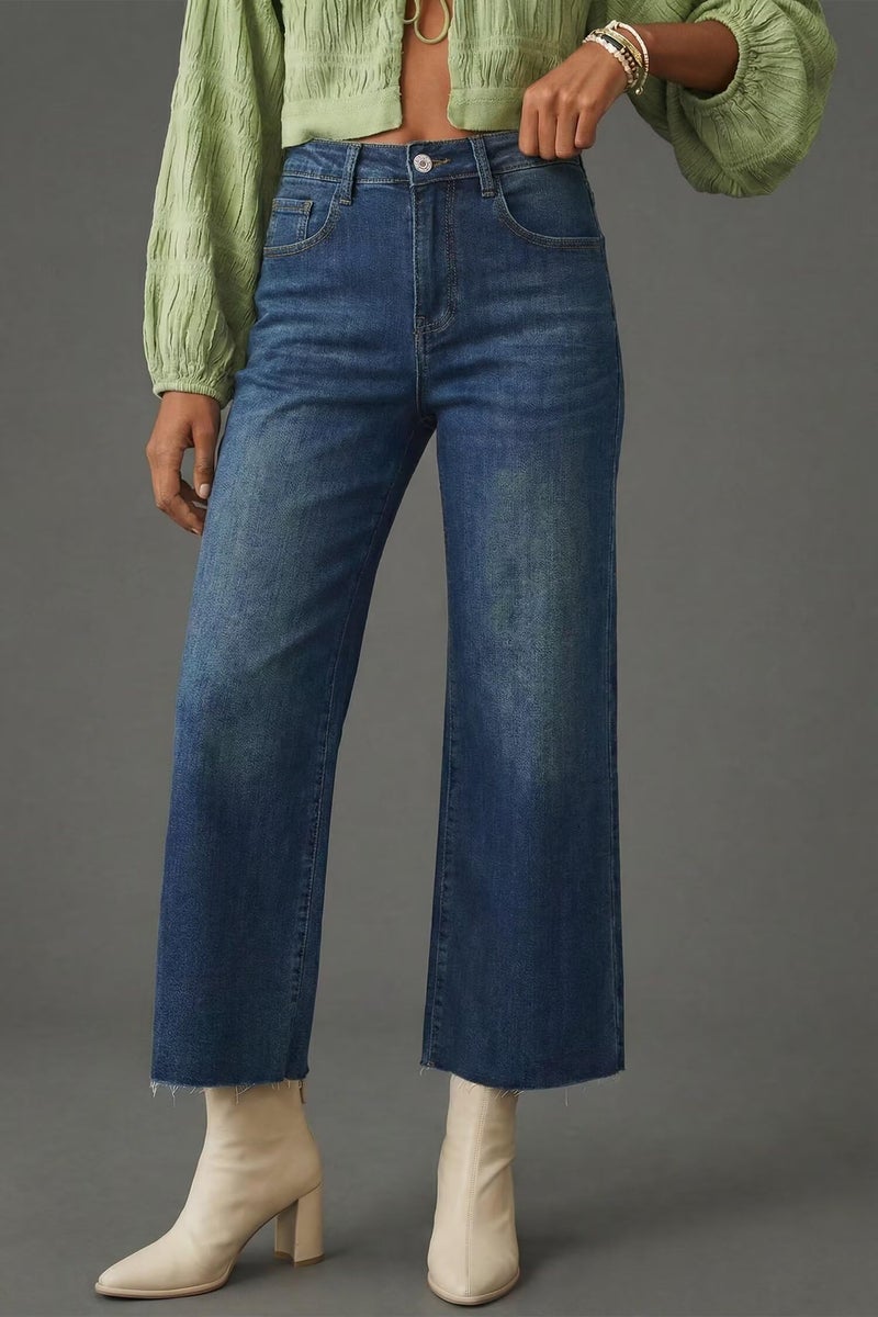 Allimy Women's High Waisted Straight Leg Ankle Length Wide Leg Ripped Jeans Frayed Hem Stretchy Cropped Capri Denim Pants Dark Wash Blue Size 10 - Image 5