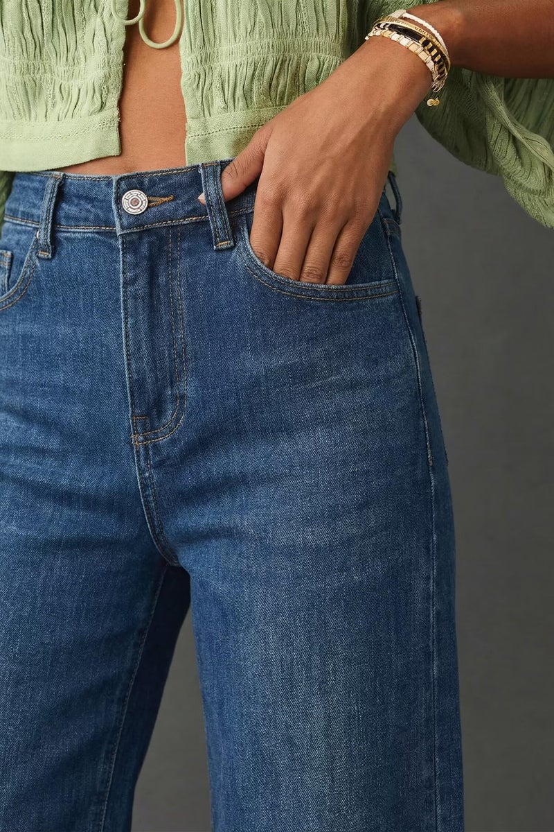 Allimy Women's High Waisted Straight Leg Ankle Length Wide Leg Ripped Jeans Frayed Hem Stretchy Cropped Capri Denim Pants Dark Wash Blue Size 10 - Image 4