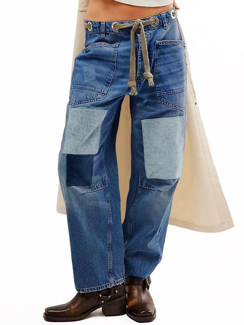 PLNOTME Womens Baggy Barrel Horseshoe Jeans Wide Leg Patchwork Low Rise Denim Pants with Pockets Blue - Image 5