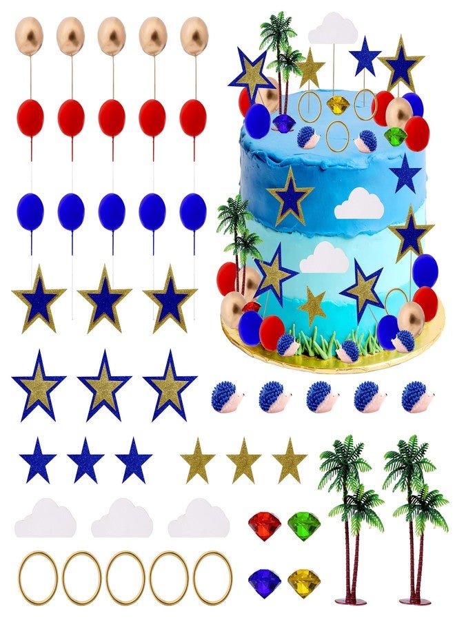 Glavatrix 46PCS Hedgehog Cake Toppers Blue Themed Cake Decorations with Hedgehogs Coconut Trees Stars Rings Red Blue Gold Balls Cupcake Toppers for Baby Shower Jungle Animlas Video Game Birthday Party - Image 1