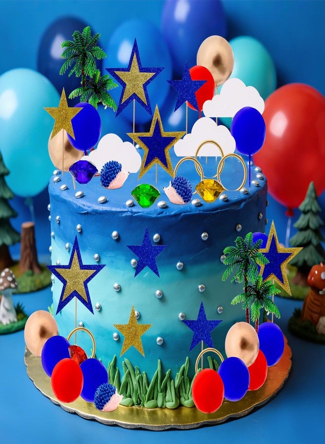 Glavatrix 46PCS Hedgehog Cake Toppers Blue Themed Cake Decorations with Hedgehogs Coconut Trees Stars Rings Red Blue Gold Balls Cupcake Toppers for Baby Shower Jungle Animlas Video Game Birthday Party - Image 2
