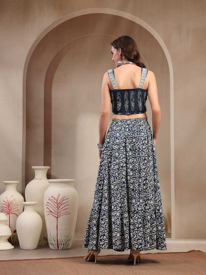 Stylum Women's Indigo Ethnic Printed Cotton Ethnic Top With Skirt (X-Large) - Image 2