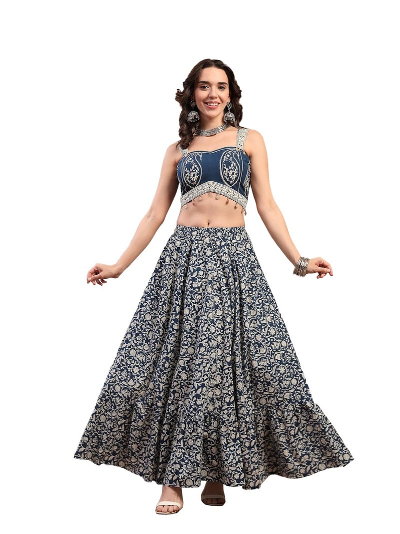 Stylum Women's Indigo Ethnic Printed Cotton Ethnic Top With Skirt (X-Large) - Image 1