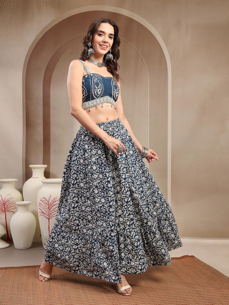 Stylum Women's Indigo Ethnic Printed Cotton Ethnic Top With Skirt (X-Large) - Image 3