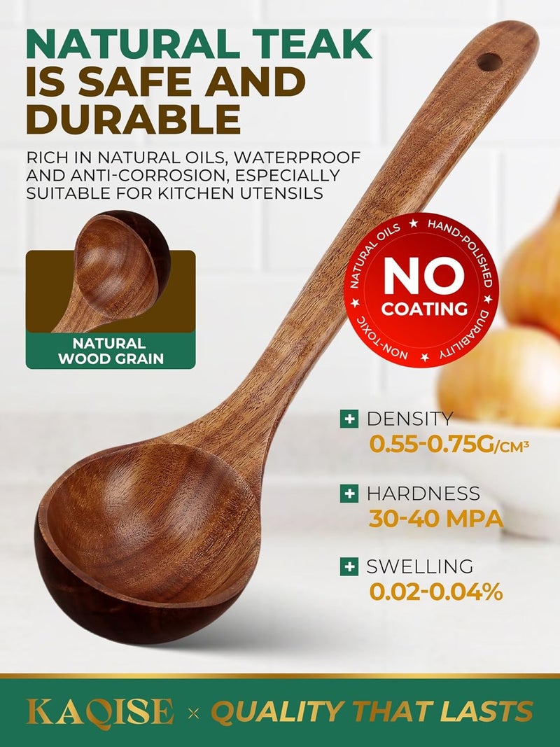 KAQISE Wooden Spoons for Cooking, 2 Pcs Nonstick Wooden Utensil Set, Cooking Utensil Set, Teak Wood Ladle & Skimmer Set for Kitchen Cooking - Image 4