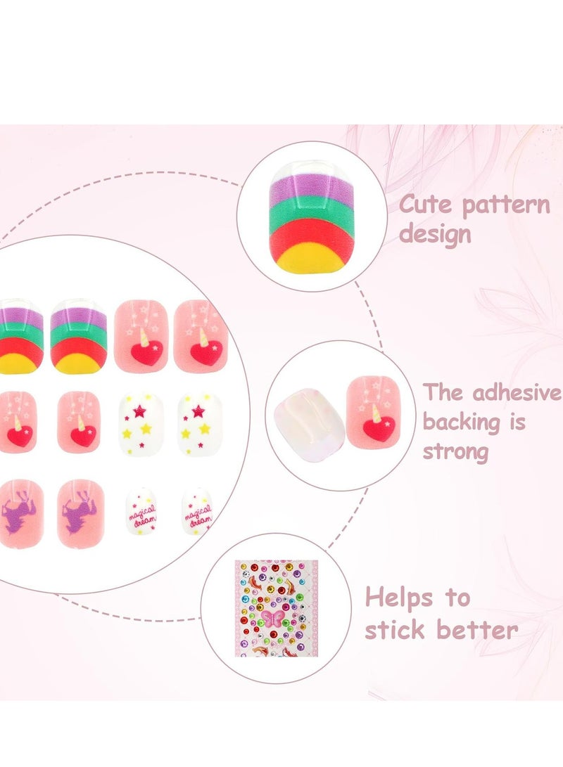 SOLARAE 120 Pcs Kids Stick on False Nails Fake Press Girls Pre-glued Nail Stickers Lovely Gift DIY Art Decor with Diamond Face Sticker Decoration - Image 5