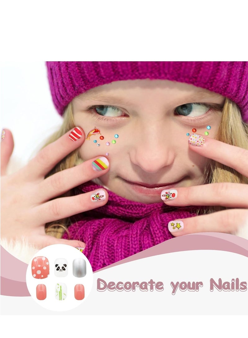 SOLARAE 120 Pcs Kids Stick on False Nails Fake Press Girls Pre-glued Nail Stickers Lovely Gift DIY Art Decor with Diamond Face Sticker Decoration - Image 4