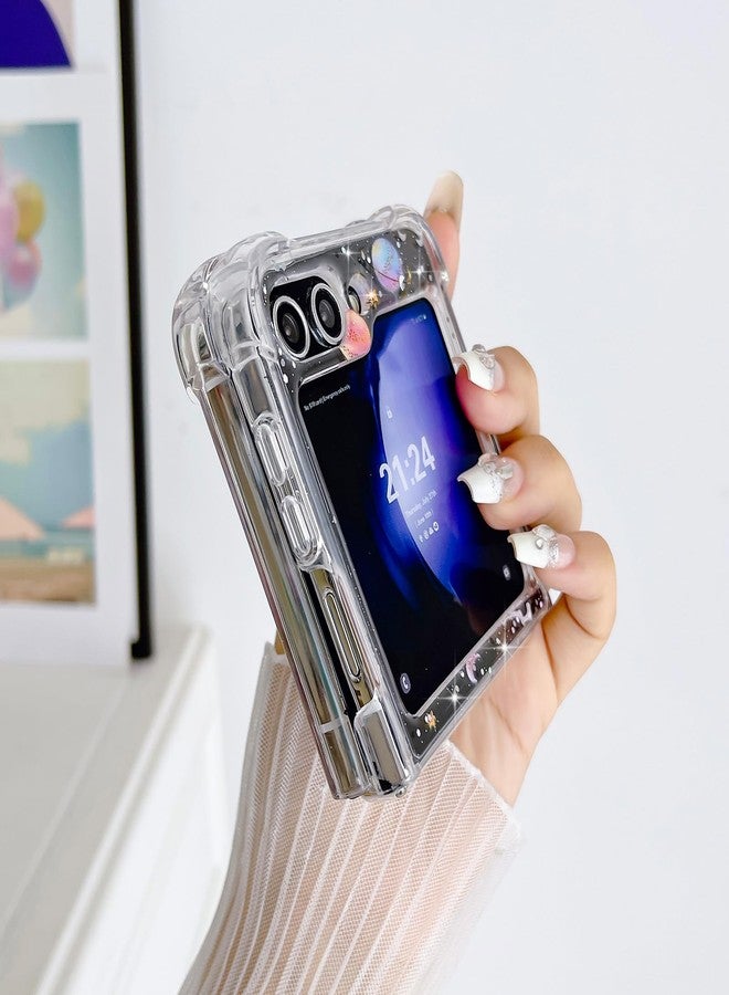 جراب LCHULLE لهاتف سامسونج جالاكسي Z Flip 6، مزين بالترتر اللامع، بتصميم لطيف وشفاف لامع على شكل كواكب ونجوم، مصنوع من السيليكون الناعم المقاوم للصدمات، جراب حماية للهاتف لهاتف سامسونج Z Flip 6 5G (شفاف). - Image 5