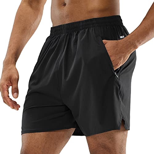 MIER Mens 5 Inch Inseam Shorts with Pockets Elastic Waist Gym Athletic Running Shorts, Lightweight, Quick Dry, Black, M - Image 1