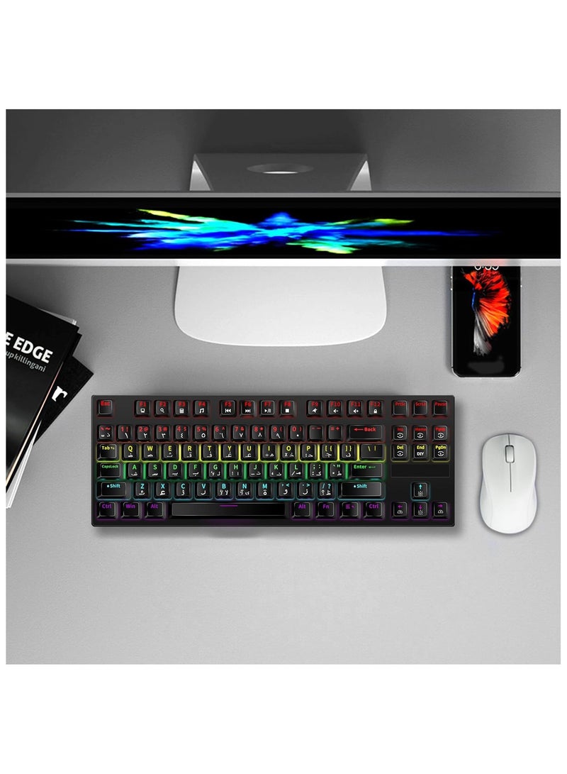 ALAMAREQ English Arabic Mechanical Gaming Keyboard, 87-Key Compact, RGB LED Gaming Keyboard with Blue Switch, Anti-Ghosting, Metal Frame for PC Gaming & Typing - Image 2