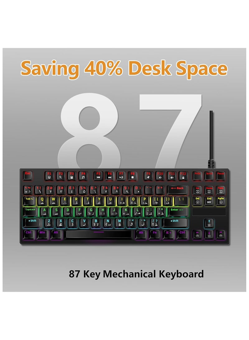 ALAMAREQ English Arabic Mechanical Gaming Keyboard, 87-Key Compact, RGB LED Gaming Keyboard with Blue Switch, Anti-Ghosting, Metal Frame for PC Gaming & Typing - Image 4