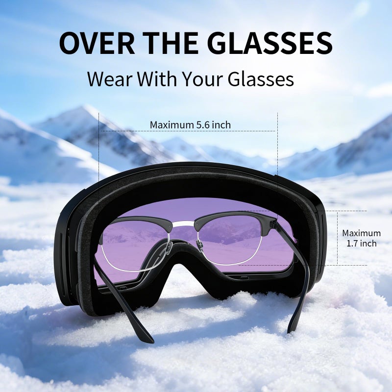 Veltuno Ski Goggles for Men Women Adult & Youth, OTG Snowboard Goggles Anti Fog, Snow Goggles UV Protection Wide Vision (Black Frame/Revo Purple Lens (vlt 14.7%)) - Image 4