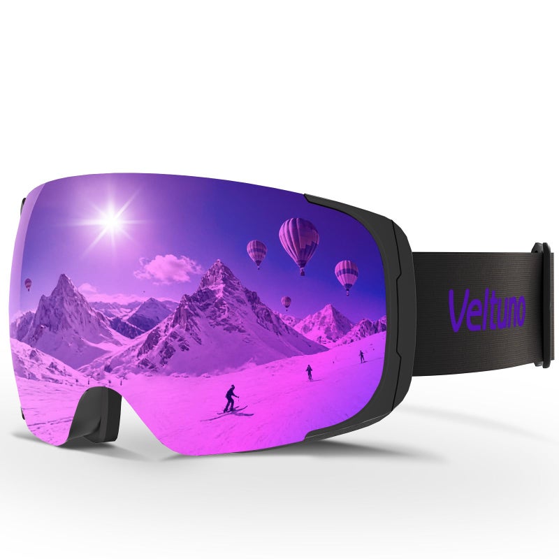 Veltuno Ski Goggles for Men Women Adult & Youth, OTG Snowboard Goggles Anti Fog, Snow Goggles UV Protection Wide Vision (Black Frame/Revo Purple Lens (vlt 14.7%)) - Image 1