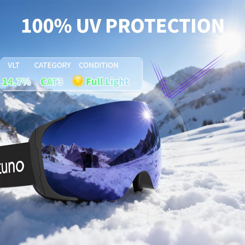Veltuno Ski Goggles for Men Women Adult & Youth, OTG Snowboard Goggles Anti Fog, Snow Goggles UV Protection Wide Vision (Black Frame/Revo Purple Lens (vlt 14.7%)) - Image 2