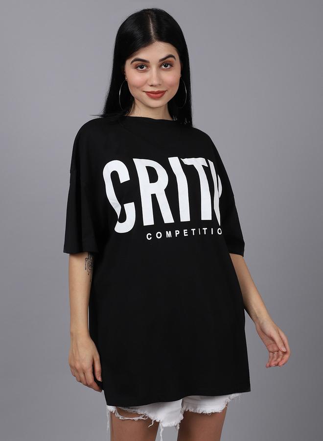 تايك تو تيشيرت نسائي أسود مطبوع برسومات كبيرة من دور - Image 3