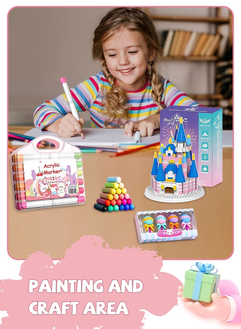 Back to School Gift Set for Students - 50+Pcs Premium Stationery Kit with Pink Suitcase, Castle Blocks, 12 Acrylic Markers, 5 Notebooks, Pencils, Clay & More