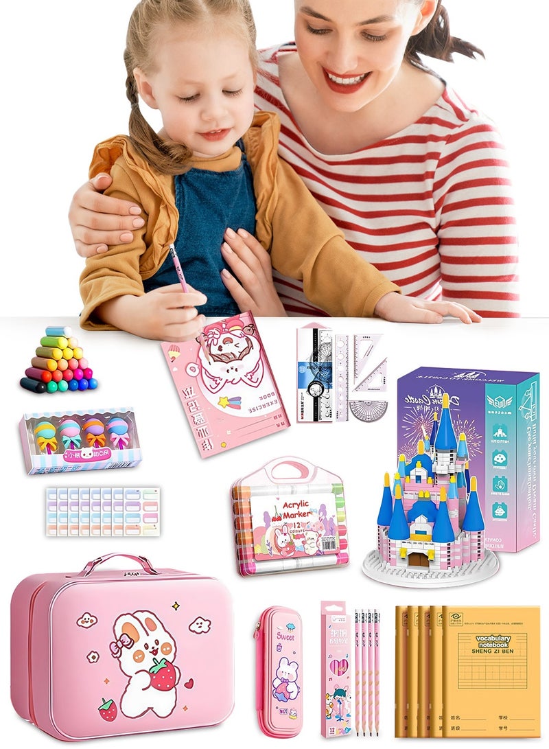 Kidle Back to School Gift Set for Students - 50+Pcs Premium Stationery Kit with Pink Suitcase, Castle Blocks, 12 Acrylic Markers, 5 Notebooks, Pencils, Clay & More  - Image 1