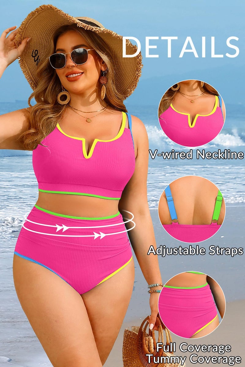 Yonique Women Plus Size High Waisted Bikini - Ribbed Two Piece Swimsuit Tummy Control Bathing Suit V-Wired 2025 Swimwear Colorful Pink 18W - Image 3
