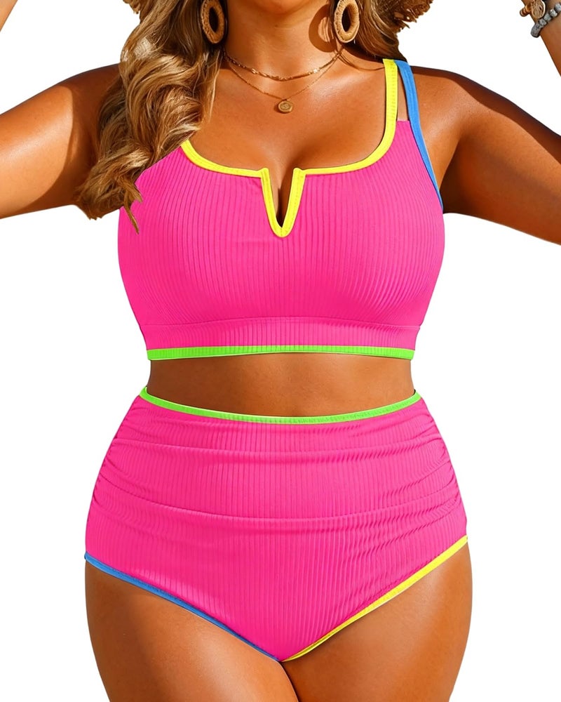 Yonique Women Plus Size High Waisted Bikini - Ribbed Two Piece Swimsuit Tummy Control Bathing Suit V-Wired 2025 Swimwear Colorful Pink 18W - Image 1
