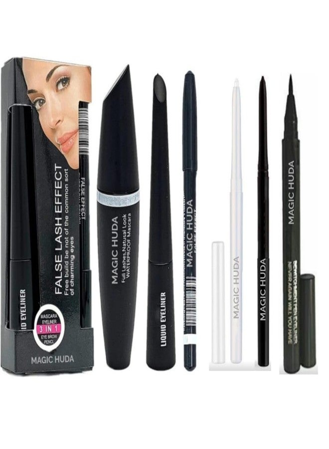 MagicHuda Magic Huda Eye Combo Waterproof Eyeliner, Mascara & Eyebrow Pencil With Sketch Eyeliner & Auto Kajal Black & White (Set Of 6) - Image 1