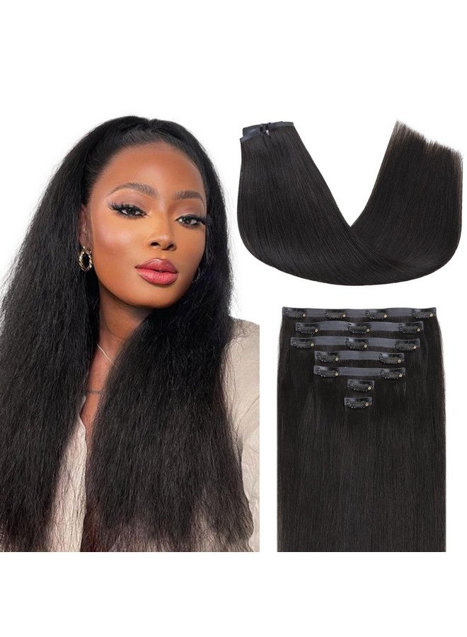 لاشي وصلات شعر بدون درزات من شعر بشري مستقيم من Yaki بطول 16 بوصة، 7 قطع، 110 جرام، وصلات شعر من البولي يوريثان الأسود الطبيعي للنساء ذوات البشرة السمراء - Image 1