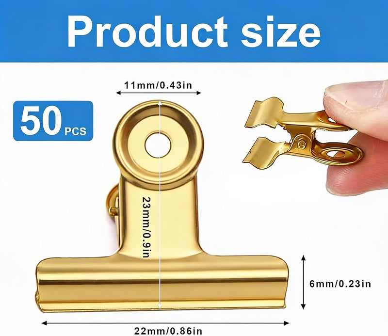 DENGXINWEI 50 Pcs Metal Bulldog Clips, Gold Bull Binder,Mini Metal Paper Clips 0.87 in Hinge Clips Small for Tags Bags, Food Bags,Pictures Photos,Art Work,Office and Home Kitchen,Price Tag (Gold 22mm) - Image 2