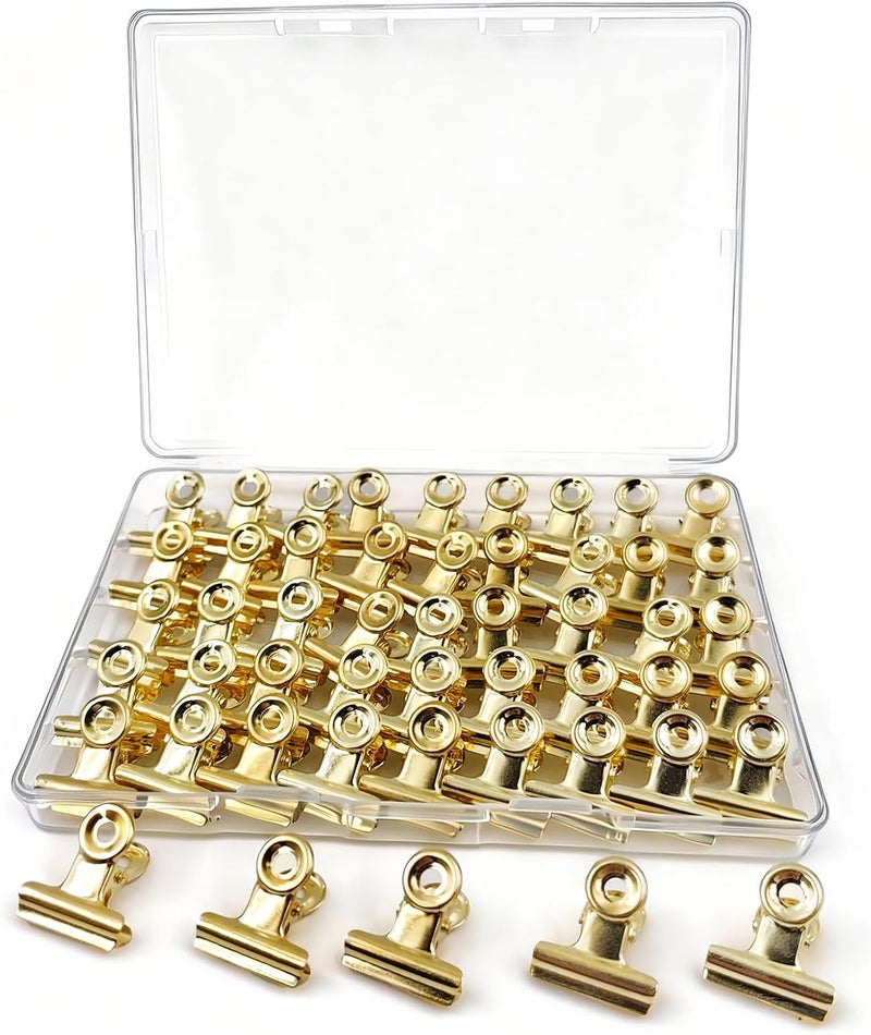 DENGXINWEI 50 Pcs Metal Bulldog Clips, Gold Bull Binder,Mini Metal Paper Clips 0.87 in Hinge Clips Small for Tags Bags, Food Bags,Pictures Photos,Art Work,Office and Home Kitchen,Price Tag (Gold 22mm) - Image 1